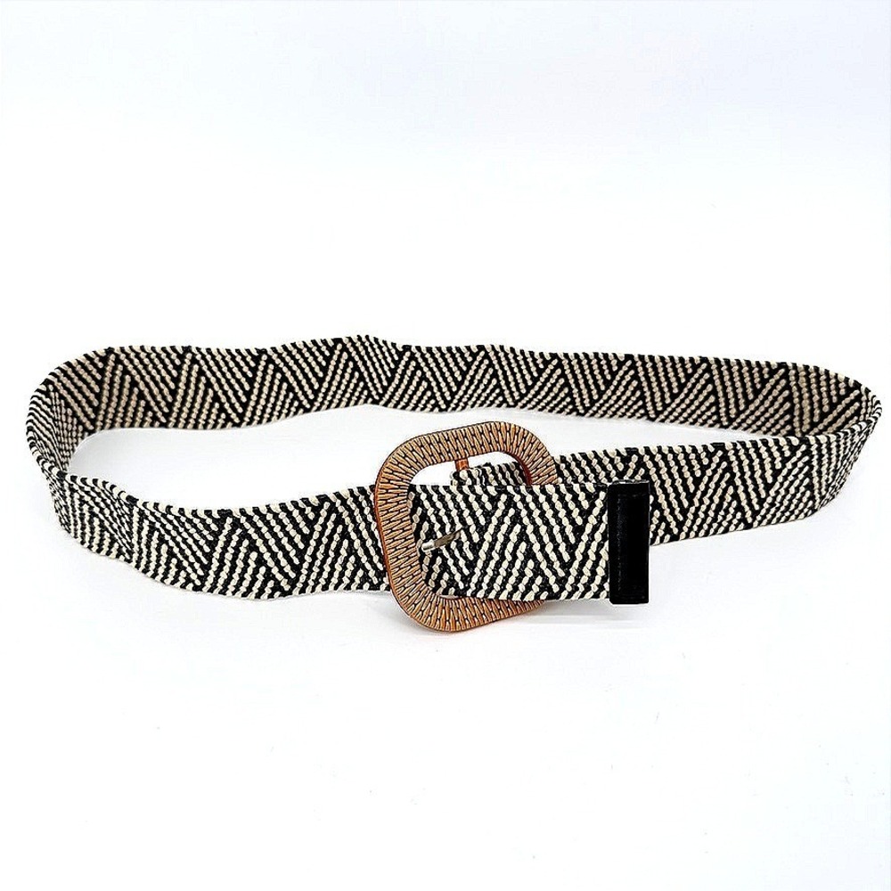 Woven Chevron Straw Belt Resin Buckle Retro MCM Y2K Black Cream 36" SM